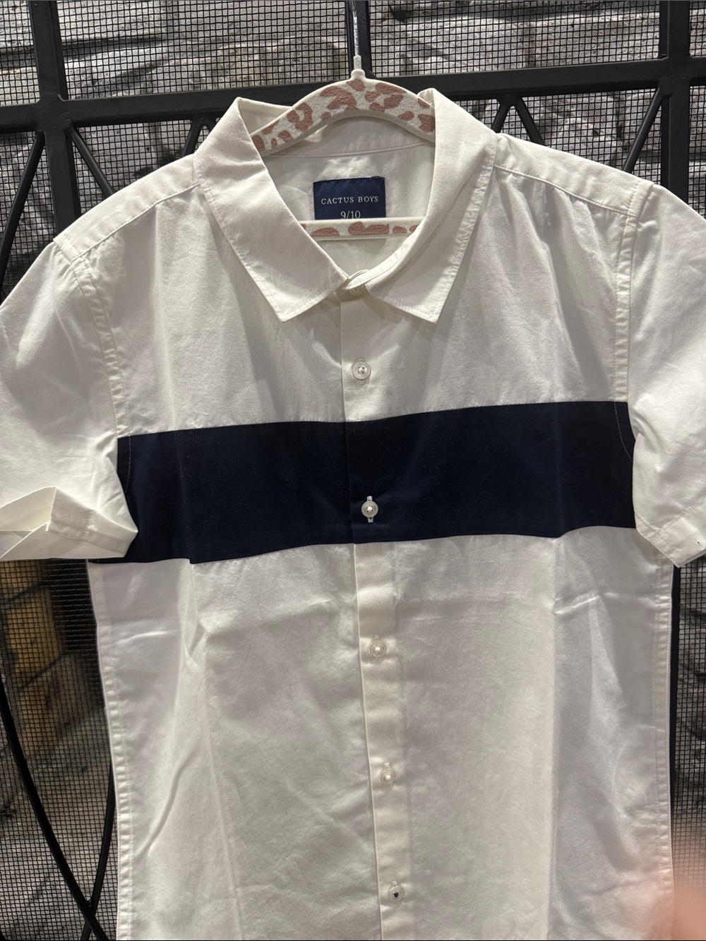 Cactus White Short-Sleeve Button-Down with Navy Chest Stripe